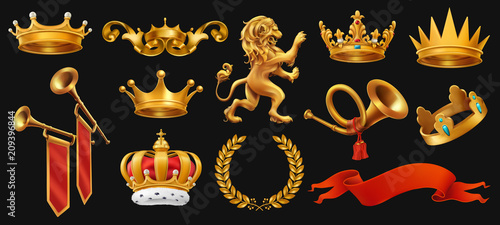 Gold crown of the king. Laurel wreath, trumpet, lion, ribbon. 3d vector icon set on black