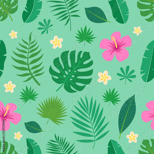 Exotic seamless colorful pattern with tropical jungle leaves and flowers of plumeria and hibiscus on green background. Floral modern pattern for textile  manufacturing etc. Vector illustration