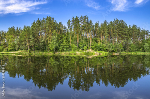 Forest lake with reflection in water. Summer relax background