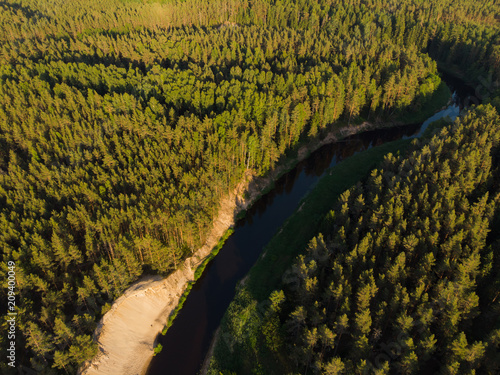 top view to bending river in green forest  on sunset