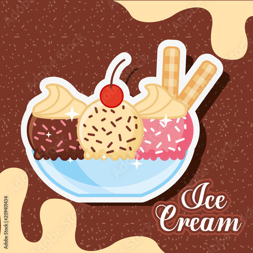 ice scream bowl glass with ice cream different flavors and sparks melted chocolate vector illustration