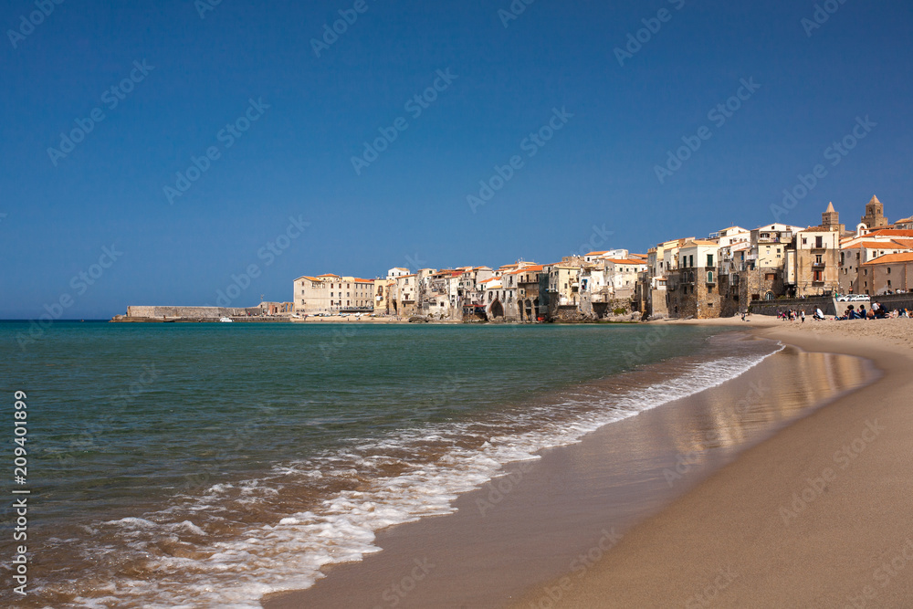 Cefalu Palermo Sicily with fishermen houses facing the Mediterranean Sea.