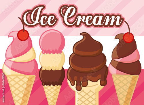 ices scream delicious cones chocolate passion fruit cherry strawberry melted vector illustration