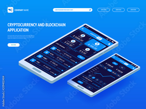 Cryptocurrency and blockchain application for smartphone. Header template for your website. Landing page.