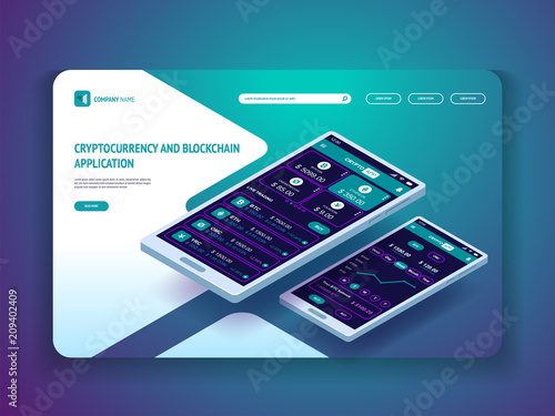 Cryptocurrency and blockchain application for smartphone. Header template for your website. Landing page.