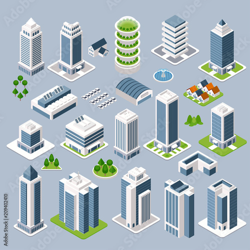 Set of 3D isometric projection of three-dimensional houses, buildings