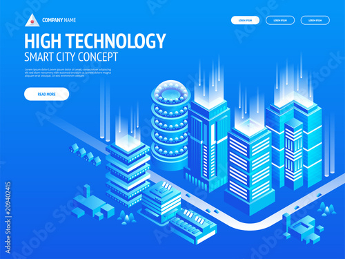 High technology concept composition with smart city. Landing page template. Header for website.