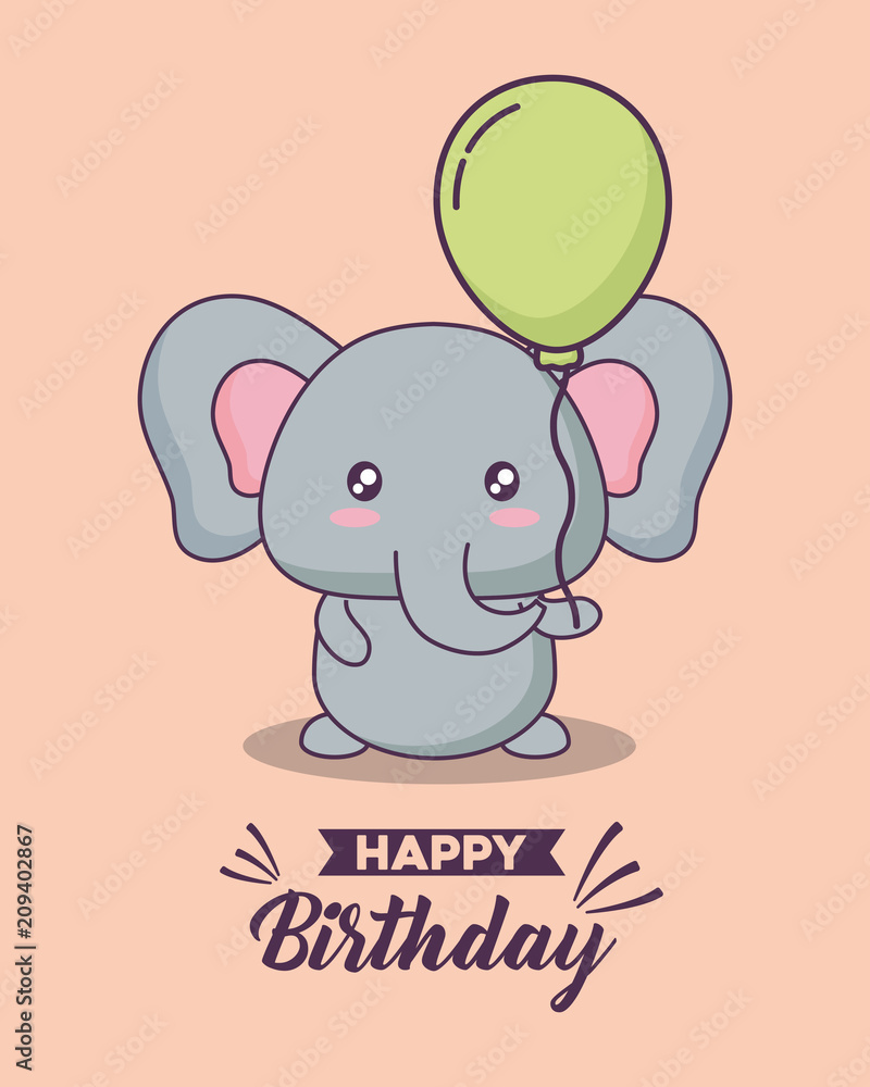 Fototapeta premium birthday card with cute elephant kawaii character vector illustration design