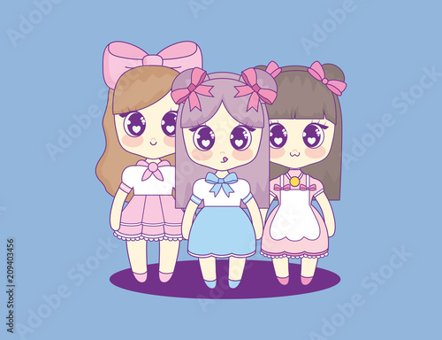 cute kawaii girls characters vector illustration design
