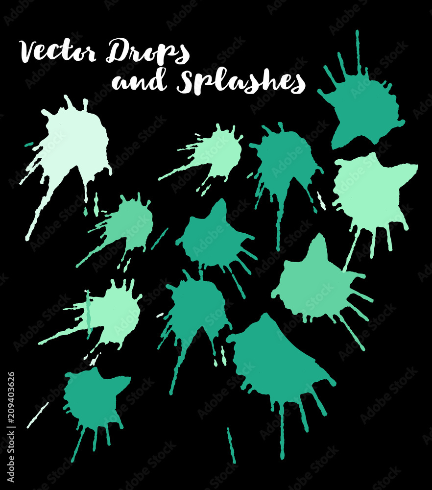 Obraz premium Green Vector Splashes, Hand Painted Watercolor Bang. Indian Holi Color Festival, Paint Burst, Water Splash. Green Vector Craft Logo Element, Holi Paint Burst. Uneven Texture Graffiti Shapes, Buttons.