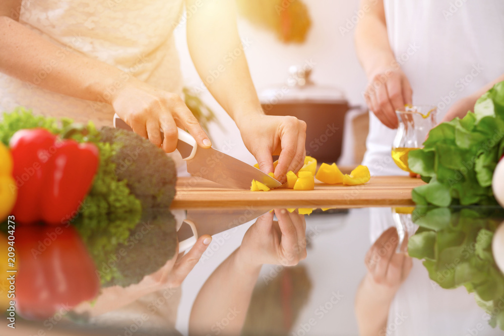 Closeup of human hands cooking in kitchen. Mother and daughter or two female friends cutting vegetables for fresh salad. Healthy meal, vegetarian food and lifestyle concepts Closeup of human hands cooking in kitchen. Mother and daughter or two female friends cutting vegetables for fresh salad. Healthy meal, vegetarian food and lifestyle concepts