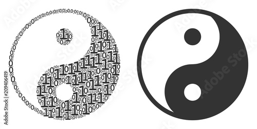 Yin yang composition icon of zero and null digits in various sizes. Vector digits are scattered into yin yang mosaic design concept.