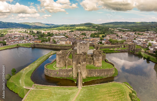 Photography Aerial view of Caerphilly castle in summer, Wales