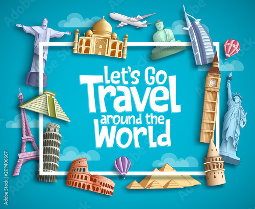 Travel and tourism vector banner design with boarder frame, travel text and famous landmarks and tourist destination elements in blue background. Vector illustration.
