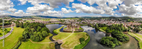 Aerial view of Caerphilly castle in summer, Wales