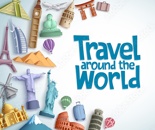 Travel and tourism vector background template with travel around the world text in empty white background and famous tourist destinations and landmarks elements. Vector illustration.
