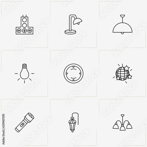 Light line icon set with table lamp , chandelier and wall lamp