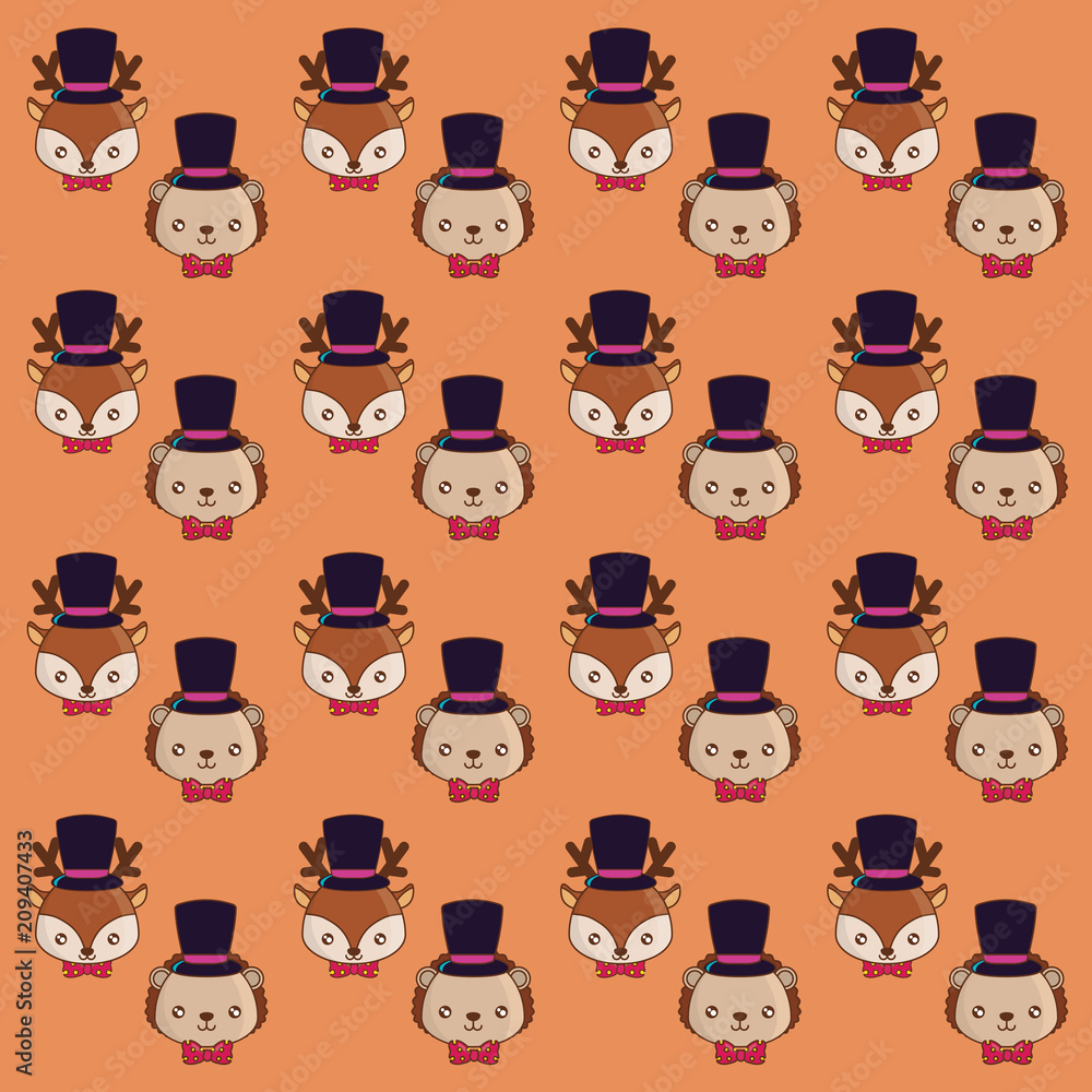 background of cute porcupine and deer with top hats pattern, colorful design. vector illustration background of cute porcupine and deer with top hats pattern, colorful design. vector illustration