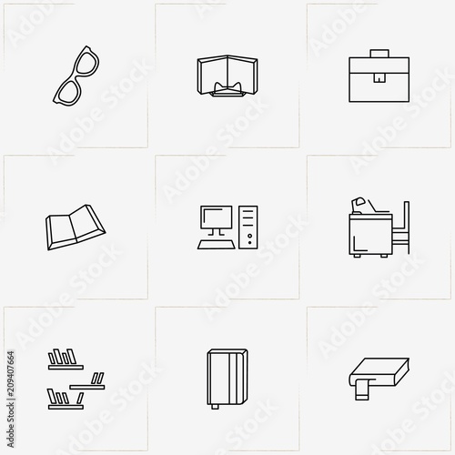 Library line icon set with library table , computer  and spectacle