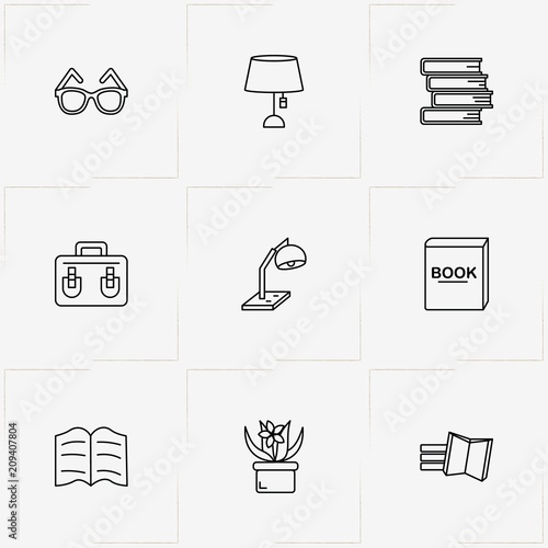 Library line icon set with spectacle, book and table lamp