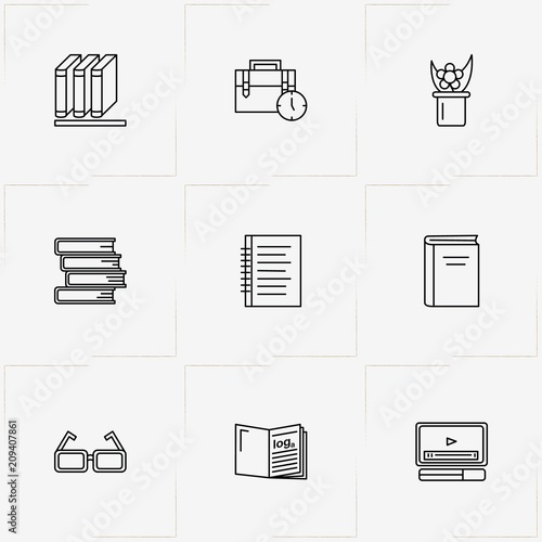 Library line icon set with spectacle, plant in pot and case