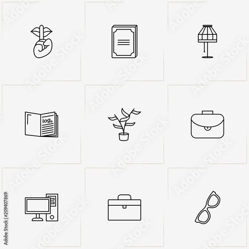 Library line icon set with lamp , case and spectacle