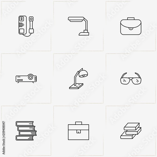 Library line icon set with case, telephone  and spectacle