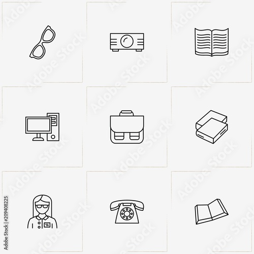 Library line icon set with book, computer  and spectacle