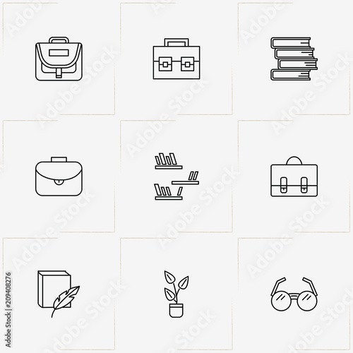 Library line icon set with plant in pot, books and spectacle