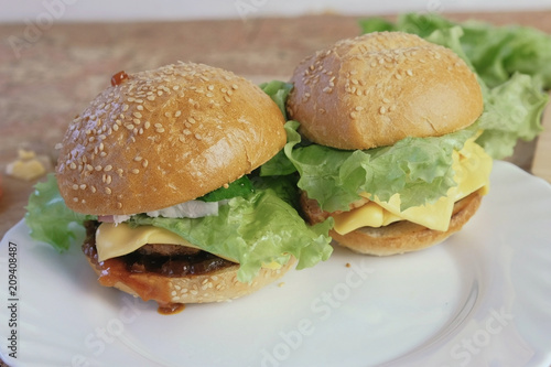 Two different homemade burgers on the white plate.