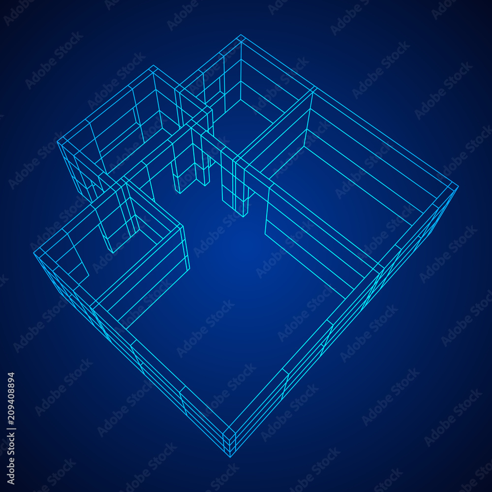 Abstract architecture building. Plan of modern house. Wireframe low poly mesh construction.