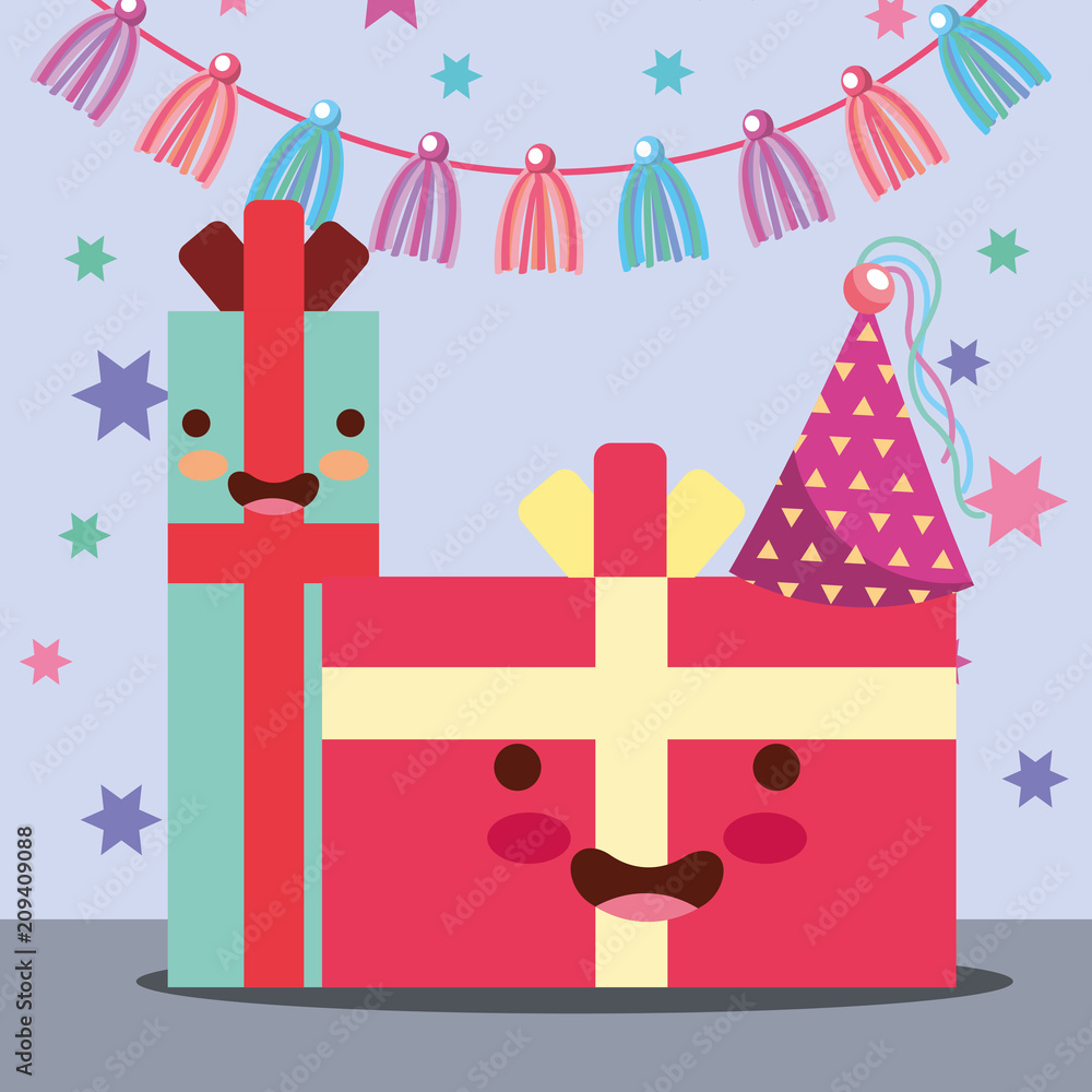 kawaii gift boxes cartoon hat party and garland ornament happy birthday card vector illustration