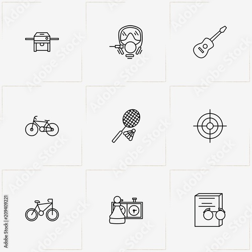 Leisure line icon set with badminton, target and book