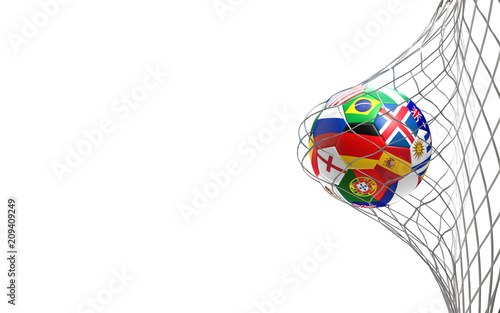 flag of Russia design soccer goal. soccer ball in soccer net 3d rendering