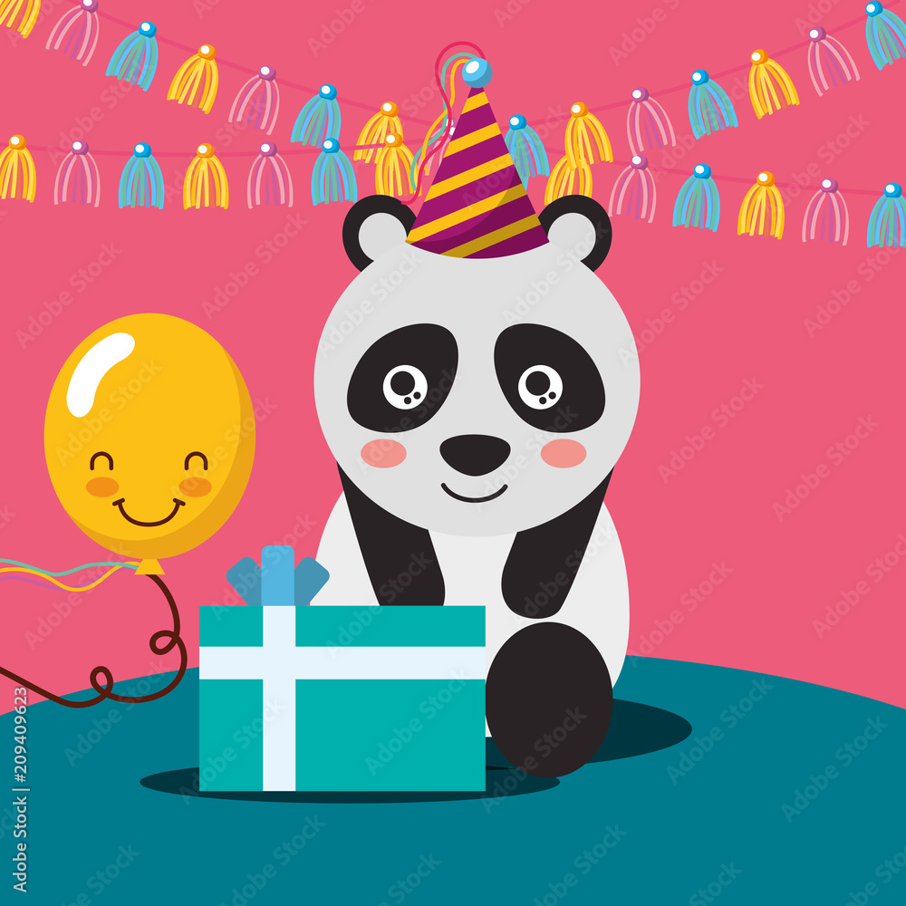 Fototapeta premium gift box kawaii balloon cute panda with party hat and pennant happy birthday vector illustration