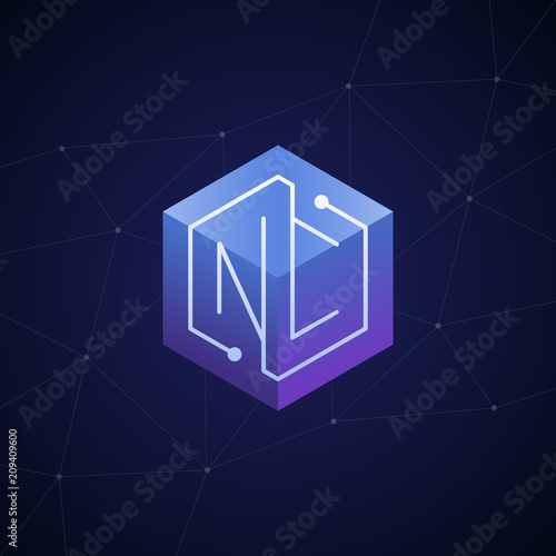 Initial letter NC, block chain, looping mono line circuit letter on hexagon cube logo, blue magenta gradient color on black blue network background