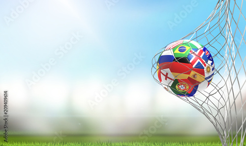 soccer ball Russia in soccer net. soccer goal 3d rendering