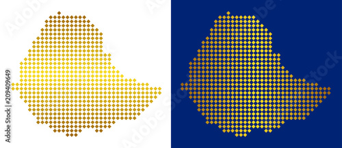 Golden dotted Ethiopia map. Vector territorial maps in bright colors with vertical and horizontal gradients. Abstract collage of Ethiopia map made of rhombic pixels.