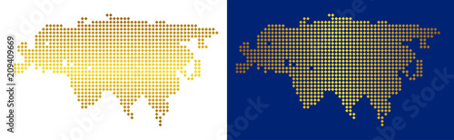 Gold dotted Eurasia map. Vector territorial maps in shiny colors with vertical and horizontal gradients. Abstract mosaic of Eurasia map constructed of rhombic pixels.