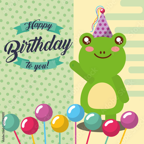 little frog and balloons in stick celebration happy birthday vector illustration