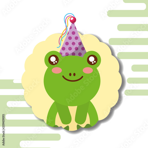 cute frog party hat decoration label happy birthday vector illustration
