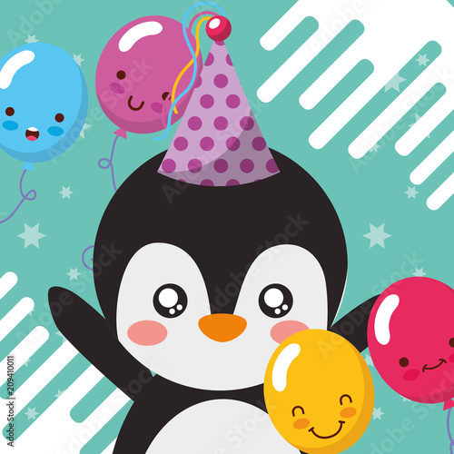 cute penguin balloons happy birthday greeting card vector illustration
