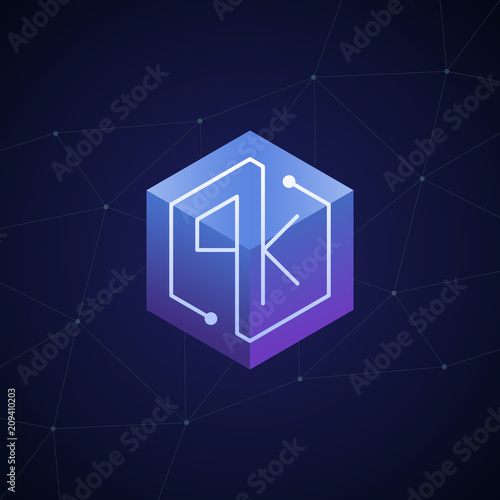 Initial letter PK, block chain, looping mono line circuit letter on hexagon cube logo, blue magenta gradient color on black blue network background