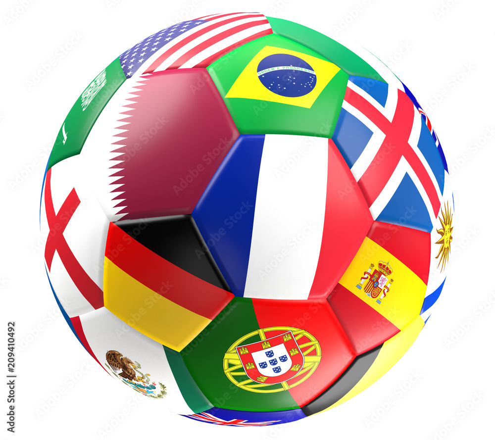 Obraz premium Qatar and France and more flags design soccer ball isolated 3d rendering