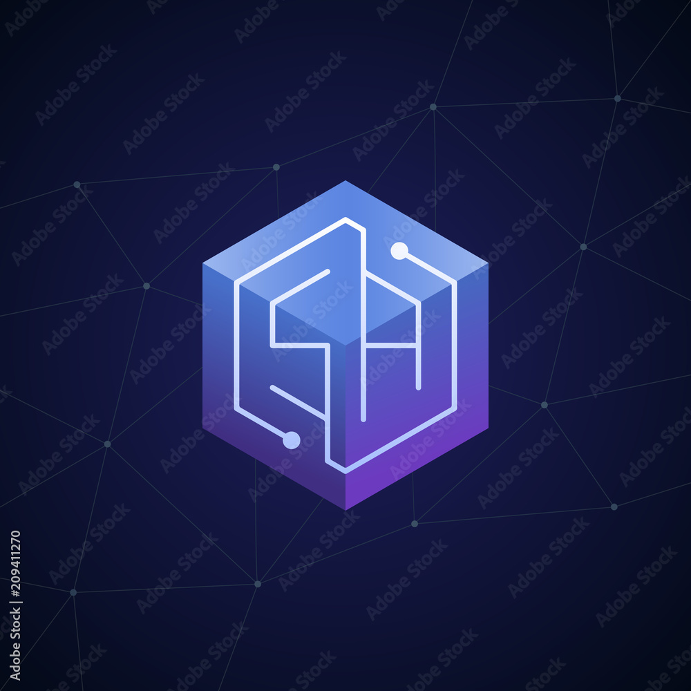 Initial letter SA, block chain, looping mono line circuit letter on hexagon cube logo, blue magenta gradient color on black blue network background Initial letter SA, block chain, looping mono line circuit letter on hexagon cube logo, blue magenta gradient color on black blue network background