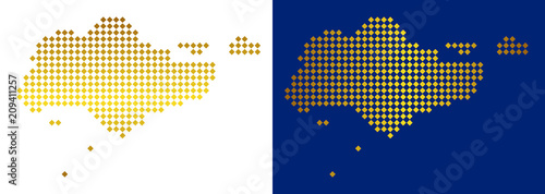 Gold Colored dotted Singapore map. Vector territory maps in yellow colors with vertical and horizontal gradients. Abstract concept of Singapore map organized of rhombic pixels.
