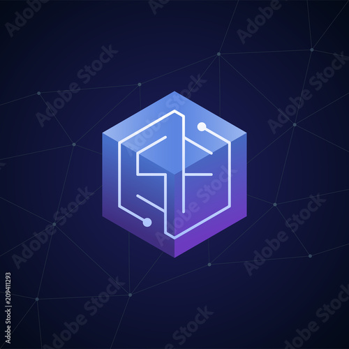Initial letter SF, block chain, looping mono line circuit letter on hexagon cube logo, blue magenta gradient color on black blue network background