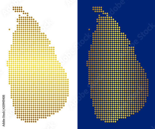Gold dot Sri Lanka Island map. Vector geographic maps in shiny colors with vertical and horizontal gradients. Abstract composition of Sri Lanka Island map designed of rhombus pixels.