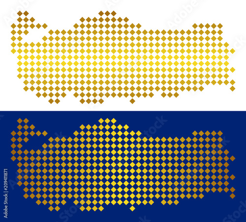 Gold Colored dot Turkey map. Vector geographic maps in luxury colors with vertical and horizontal gradients. Abstract composition of Turkey map made of rhombic elements.