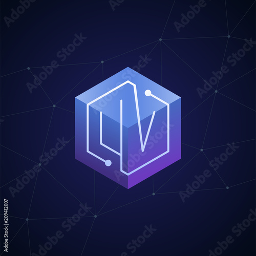 Initial letter UV, block chain, looping mono line circuit letter on hexagon cube logo, blue magenta gradient color on black blue network background